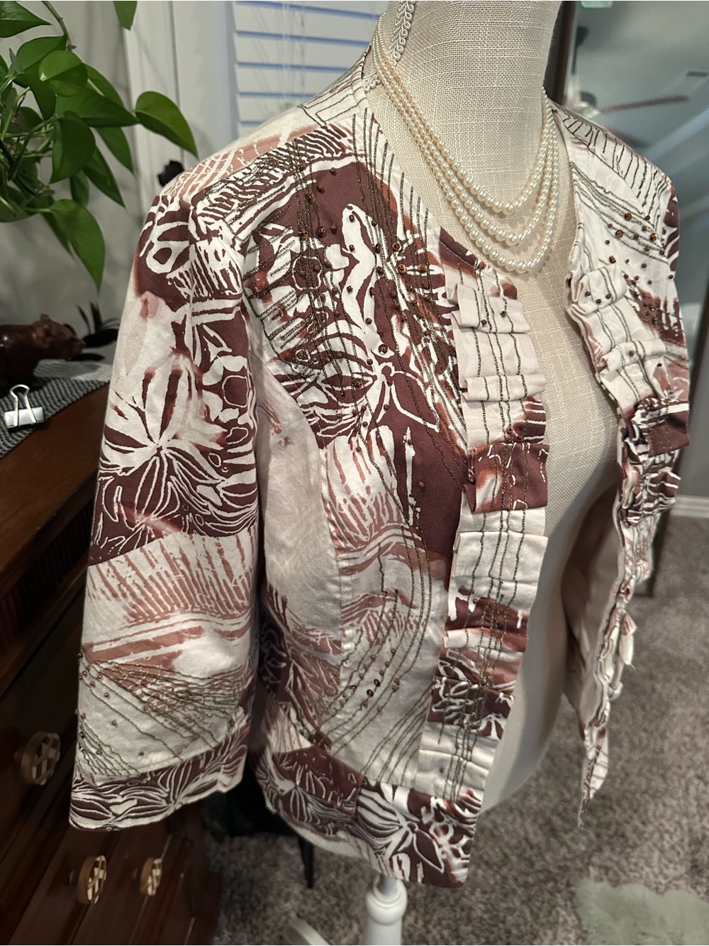 Coldwater Creek Cream and Brown Printed Short Jacket